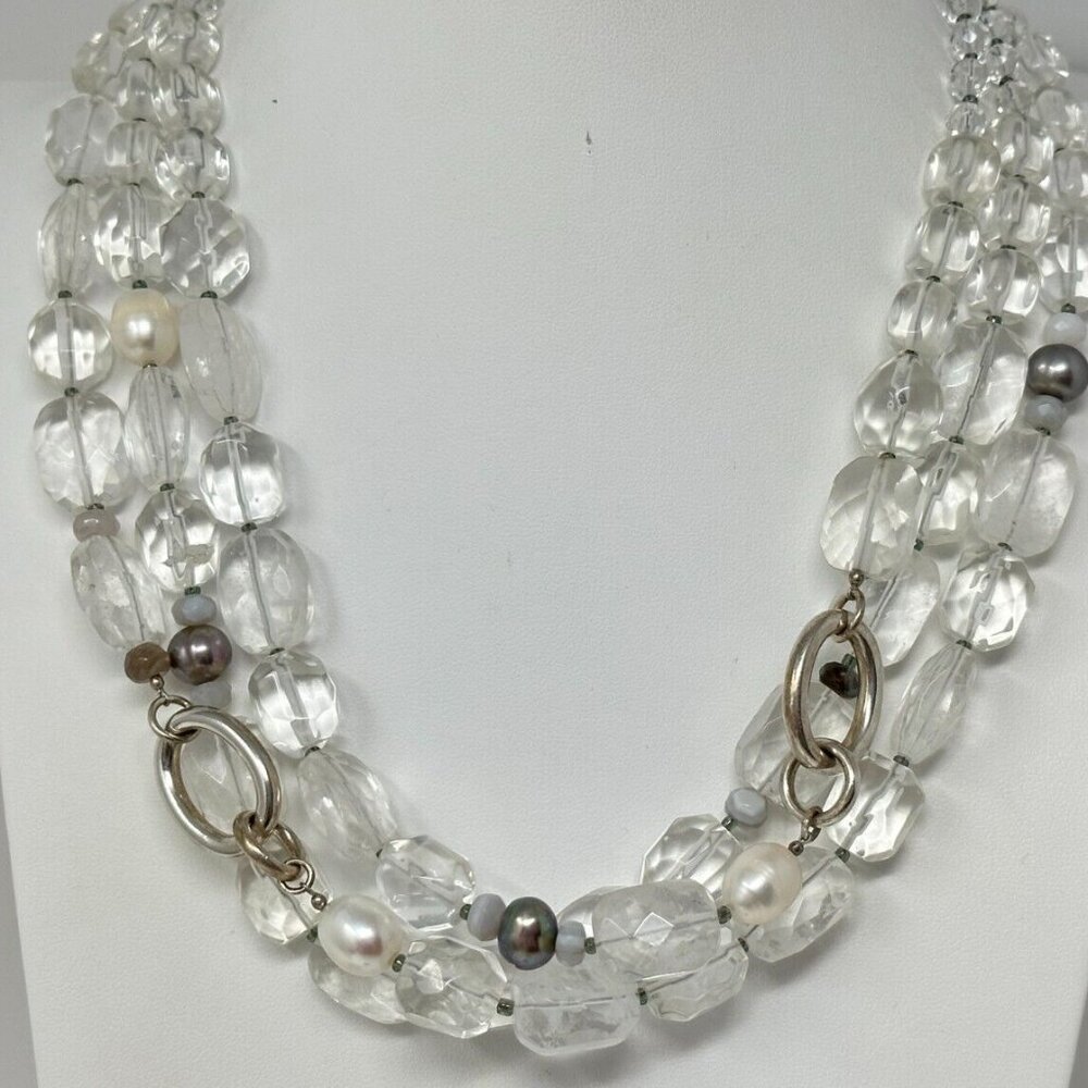 142 Vintage Silpada Quartz Pearls & 925 Sterling Silver Triple Strand Necklace